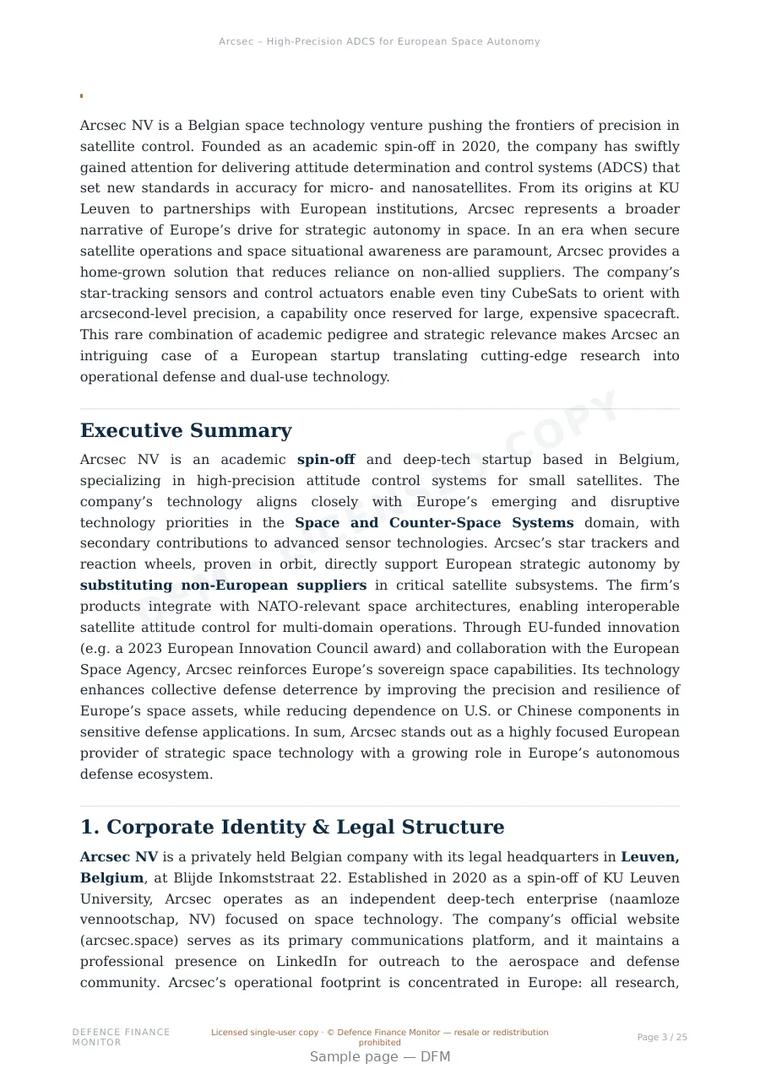 Sample page from “Arcsec – High-Precision ADCS for European Space Autonomy” — 26-page report