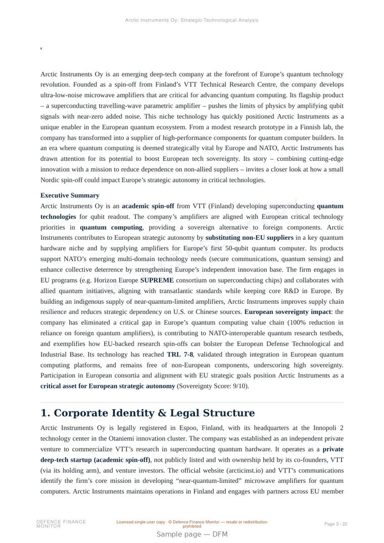 Sample page from “Arctic Instruments Oy — Finland quantum company” — 23-page report