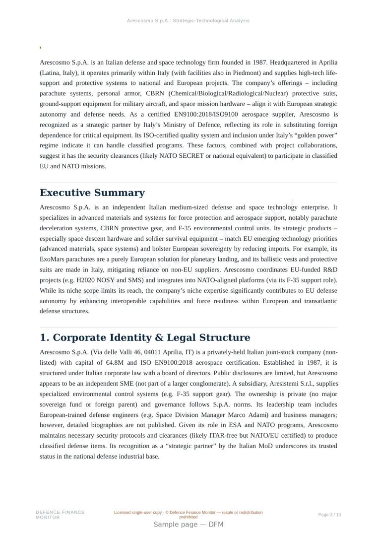 Sample page from “Arescosmo S.p.A. — Italy space company” — 11-page report