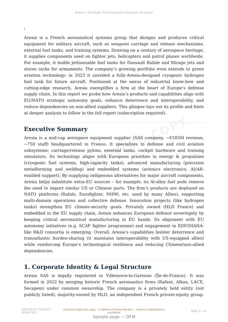 Sample page from “Aresia — France defence company” — 14-page report