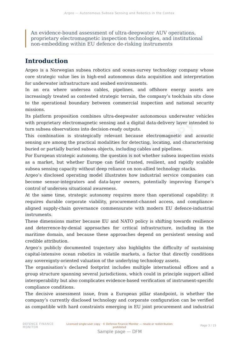 Sample page from “Argeo — Autonomous Subsea Sensing and Robotics in the Context of European Critical Infrastructure Protection” — 16-page report