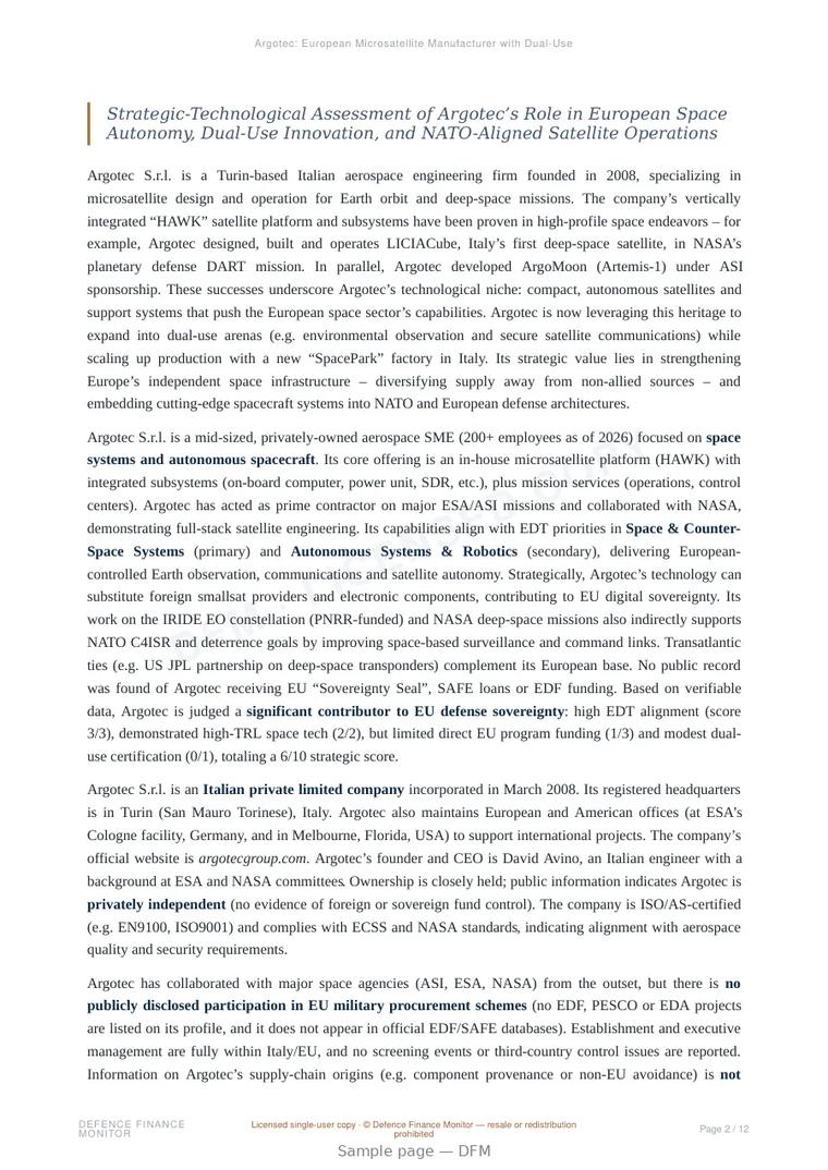 Sample page from “Argotec: European Microsatellite Manufacturer with Dual-Use Capabilities” — 13-page report