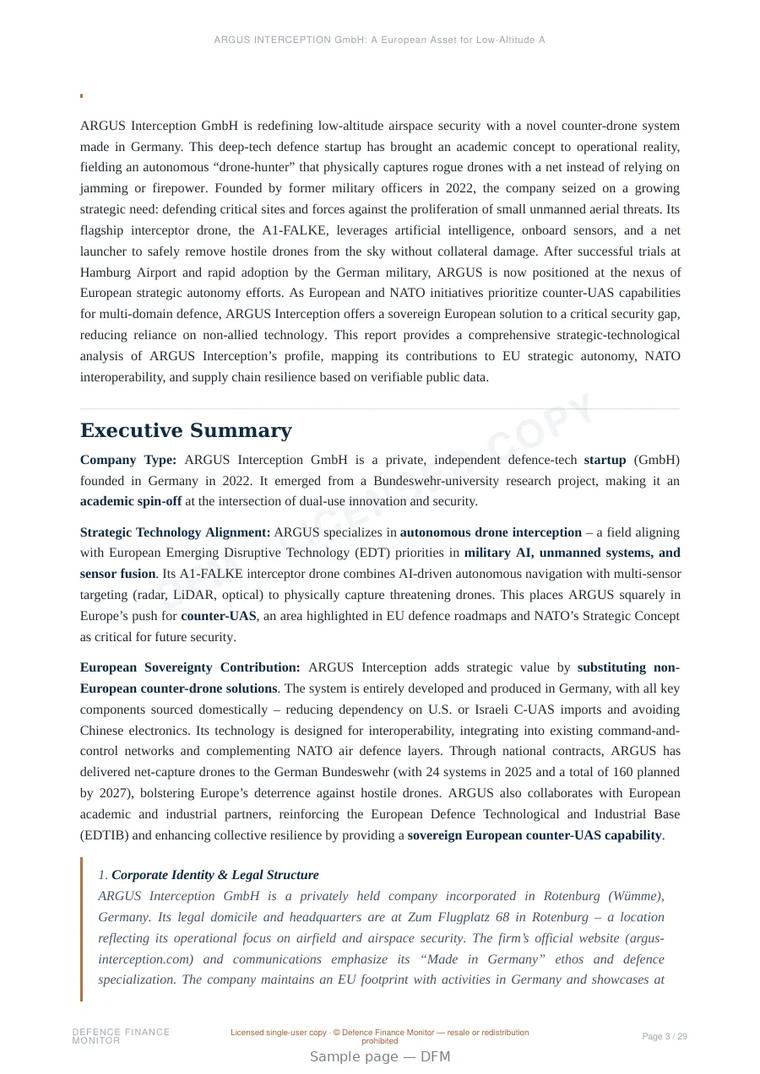Sample page from “ARGUS INTERCEPTION GmbH: A European Asset for Low-Altitude Air Threat Protection” — 30-page report