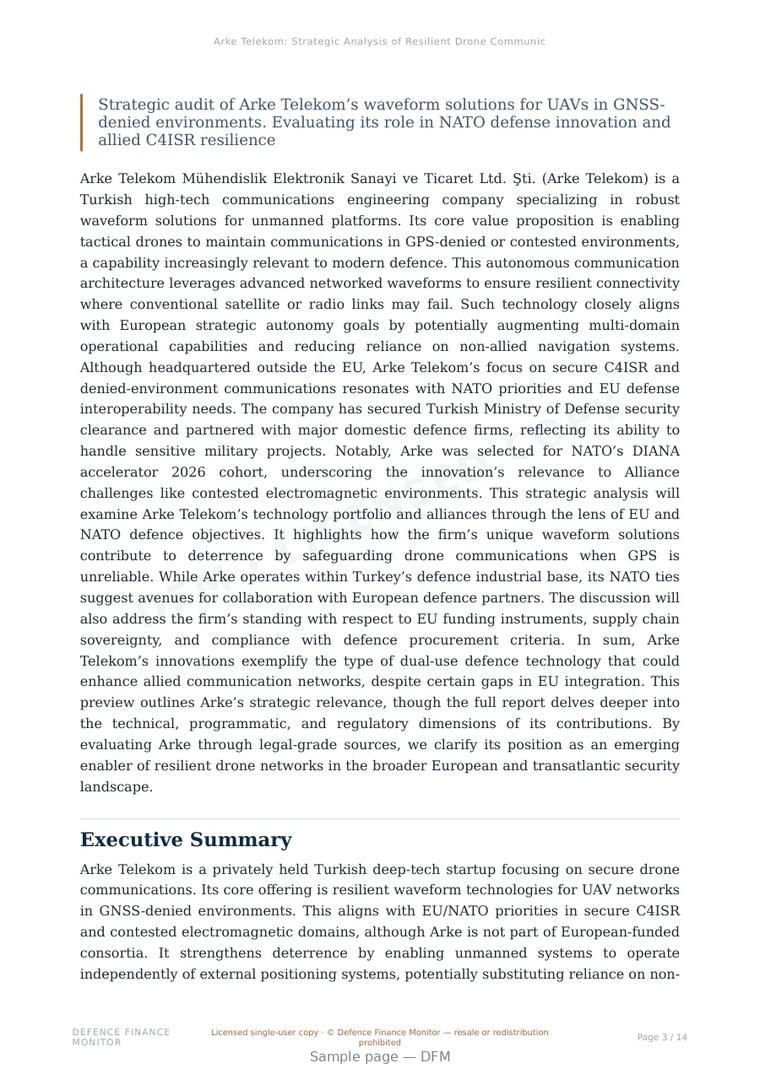 Sample page from “Arke Telekom: Strategic Analysis of Resilient Drone Communications and NATO DIANA” — 15-page report