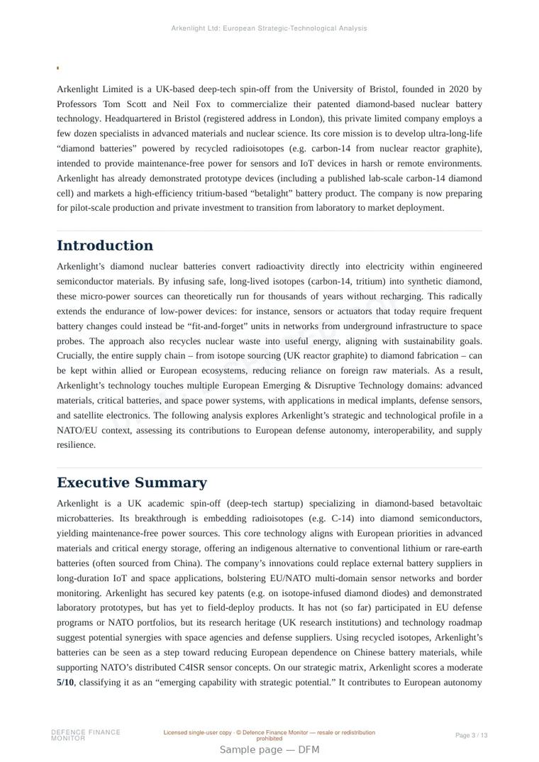 Sample page from “Arkenlight Limited — United Kingdom nuclear microreactors company” — 14-page report
