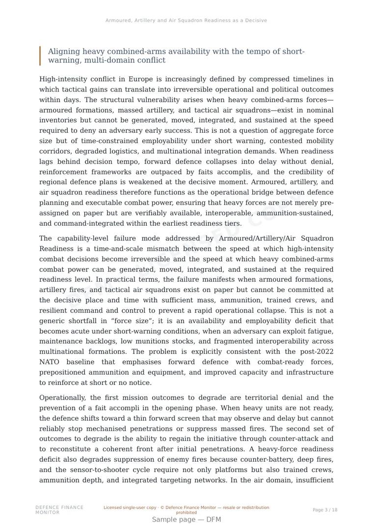 Sample page from “Armoured, Artillery and Air Squadron Readiness as a Decisive Variable in High-Intensity War” — 19-page report