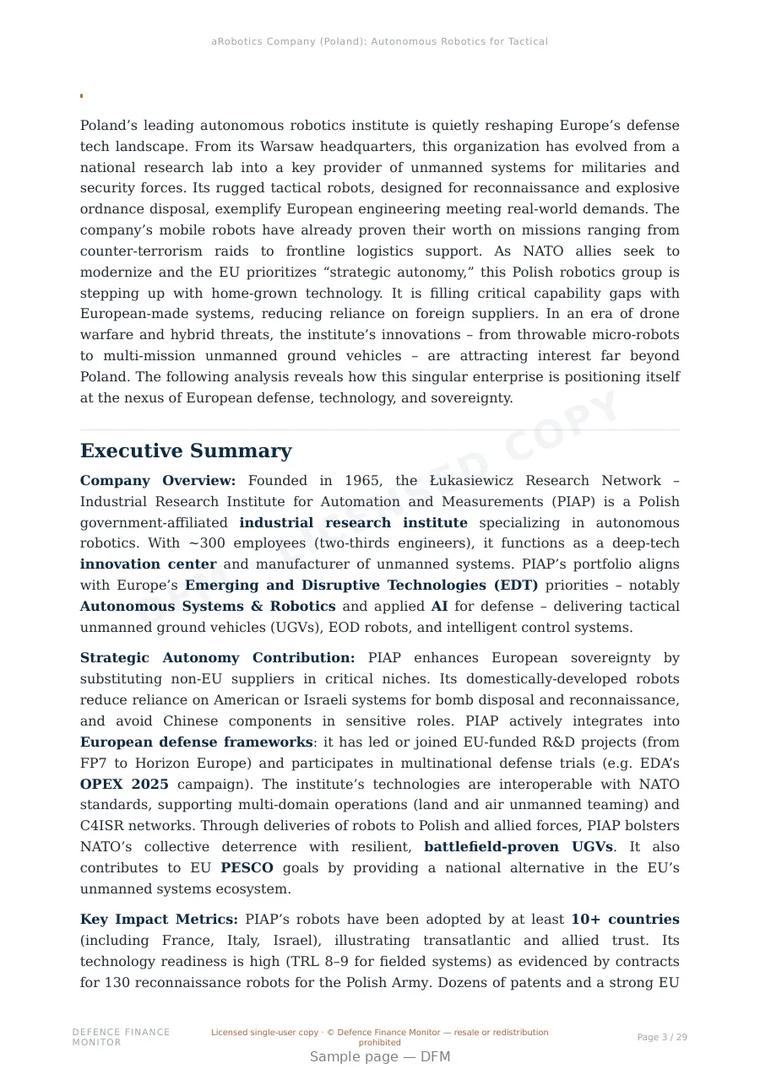 Sample page from “aRobotics Company (Poland): Autonomous Robotics for Tactical Reconnaissance” — 30-page report