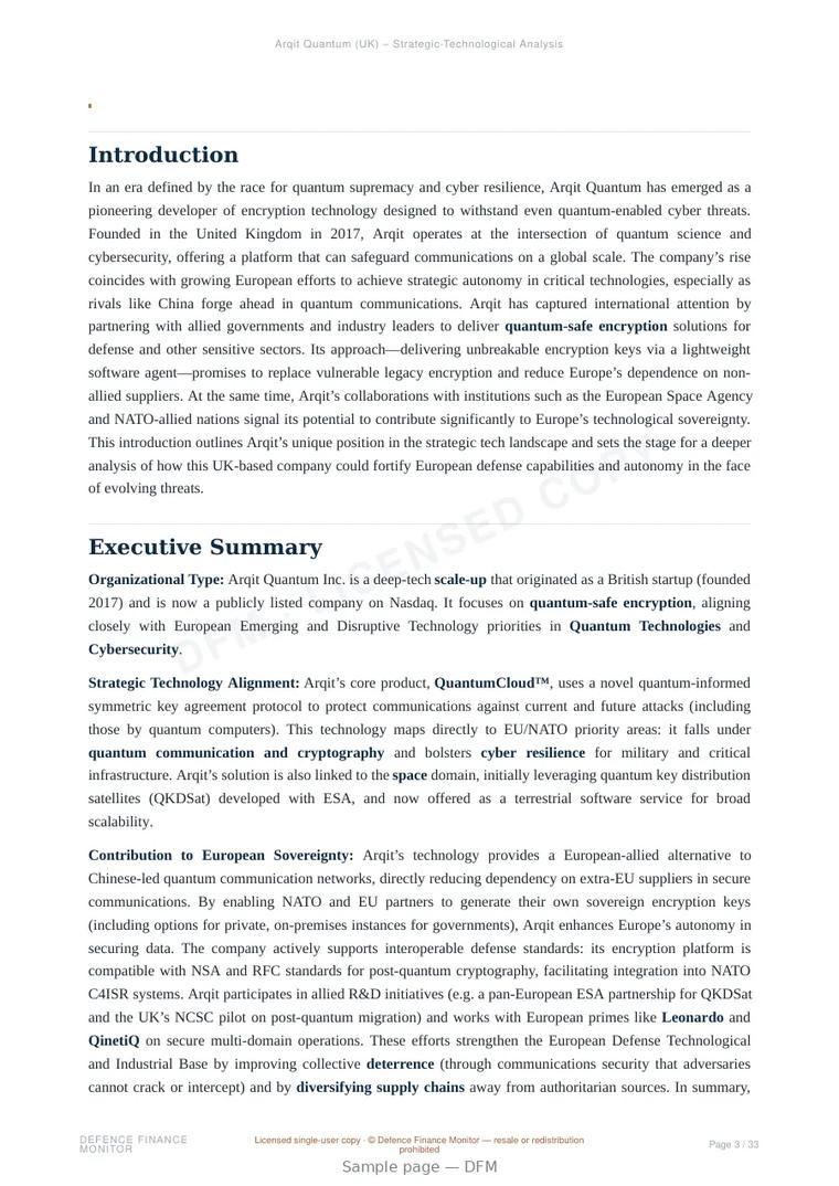 Sample page from “Arqit Quantum — United Kingdom cryptography company” — 34-page report