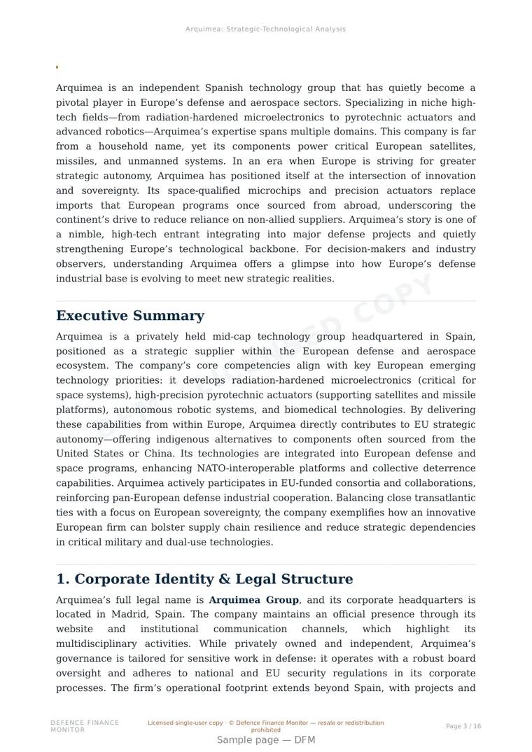 Sample page from “Arquimea — Spain defence company” — 17-page report