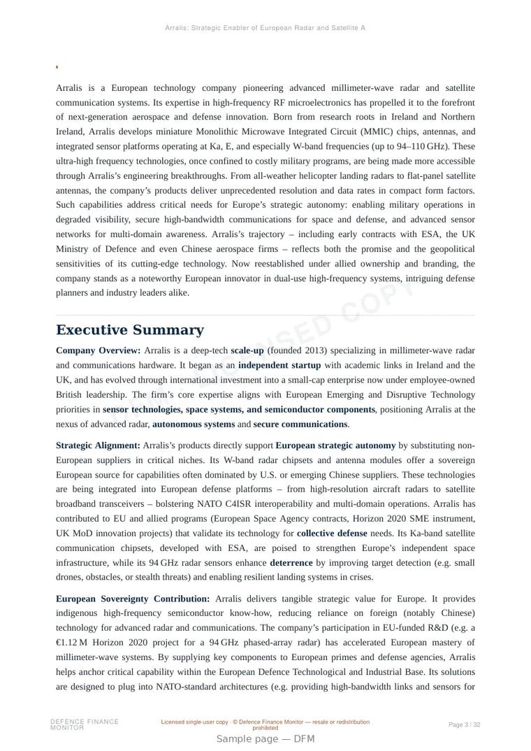 Sample page from “Arralis: Strategic Enabler of European Radar and Satellite Autonomy” — 33-page report