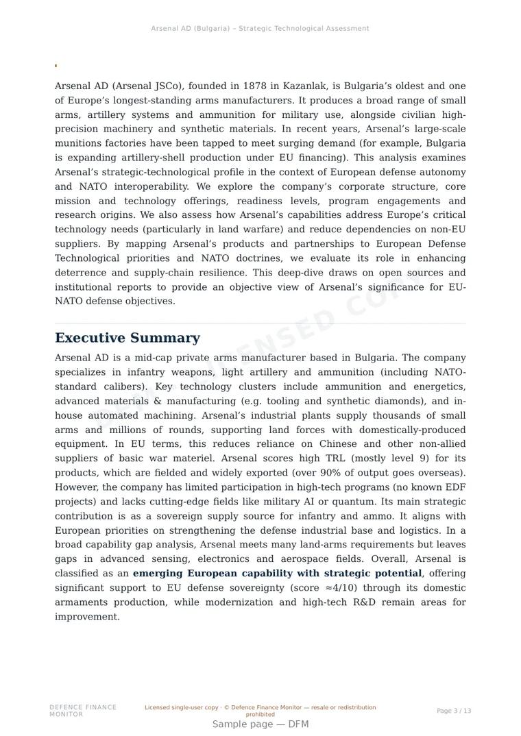 Sample page from “Arsenal AD (Bulgaria) – Strategic Technological Assessment” — 14-page report