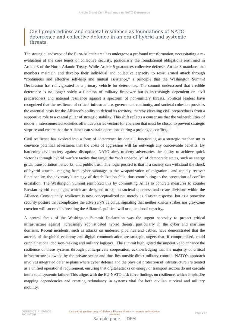 Sample page from “Article 3 and Civil Resilience in NATO Deterrence” — 6-page report
