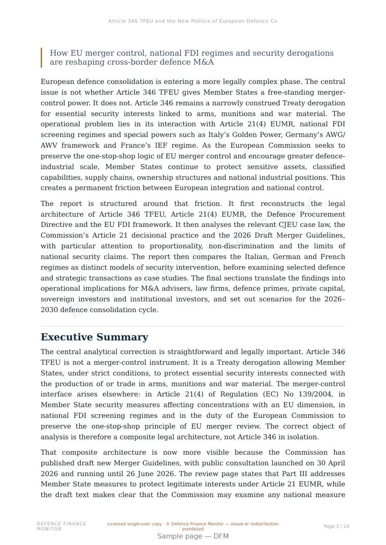 Sample page from “Article 346 TFEU and the New Politics of European Defence Consolidation” — 25-page report