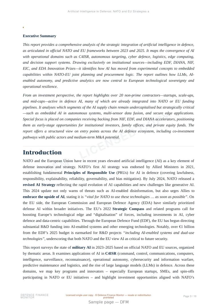 Sample page from “Artificial Intelligence in Defence: NATO and EU Strategies and Innovations” — 20-page report