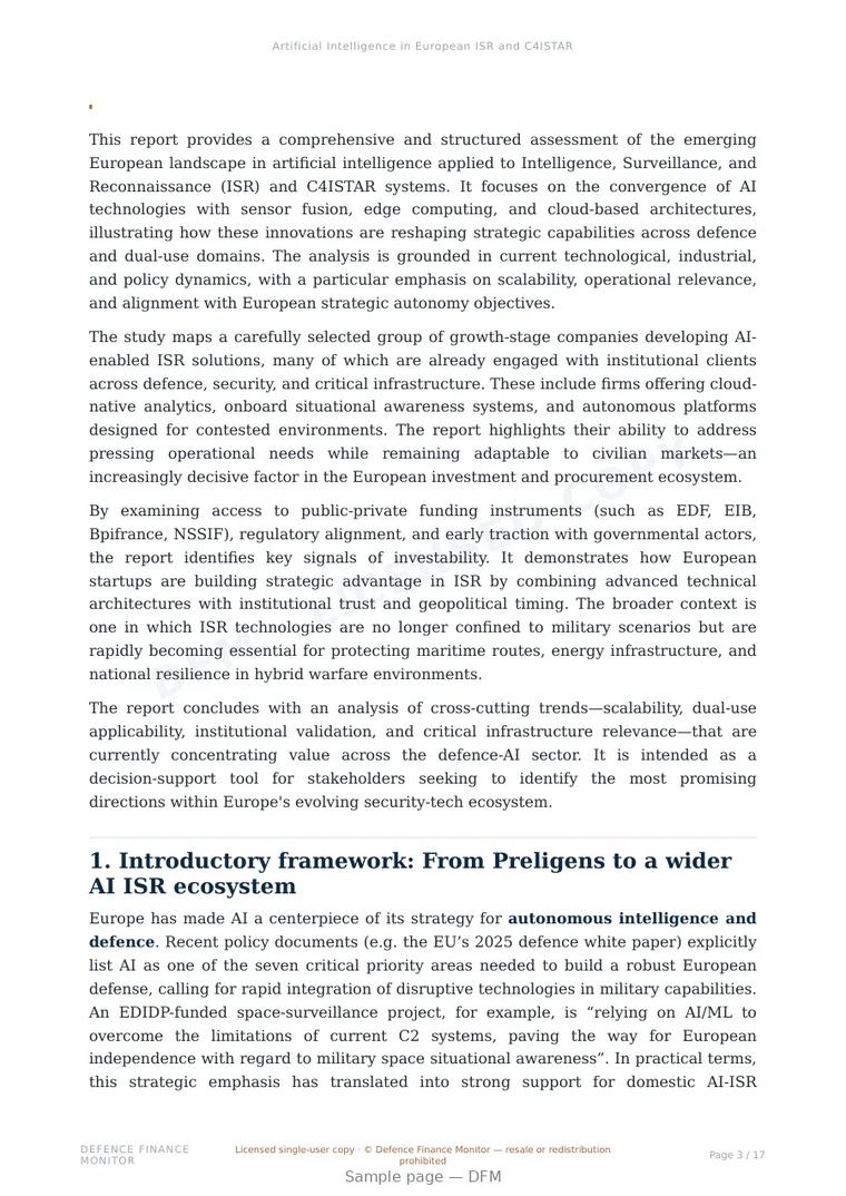 Sample page from “Artificial Intelligence in European ISR and C4ISTAR” — 18-page report