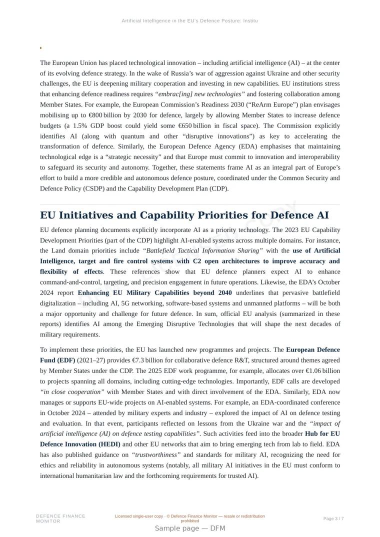 Sample page from “Artificial Intelligence in the EU’s Defence Posture: Institutional Context and Strategic Implications” — 8-page report