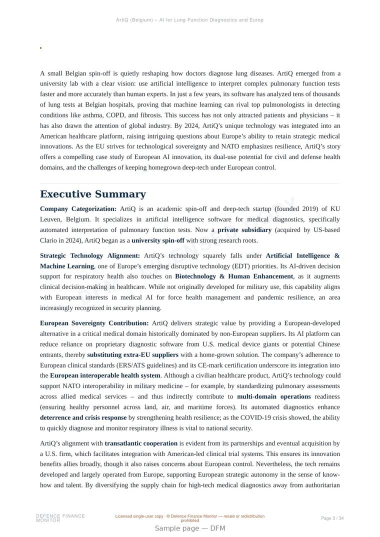Sample page from “ArtiQ (Belgium) – AI for Lung Function Diagnostics and European Strategic Autonomy” — 35-page report