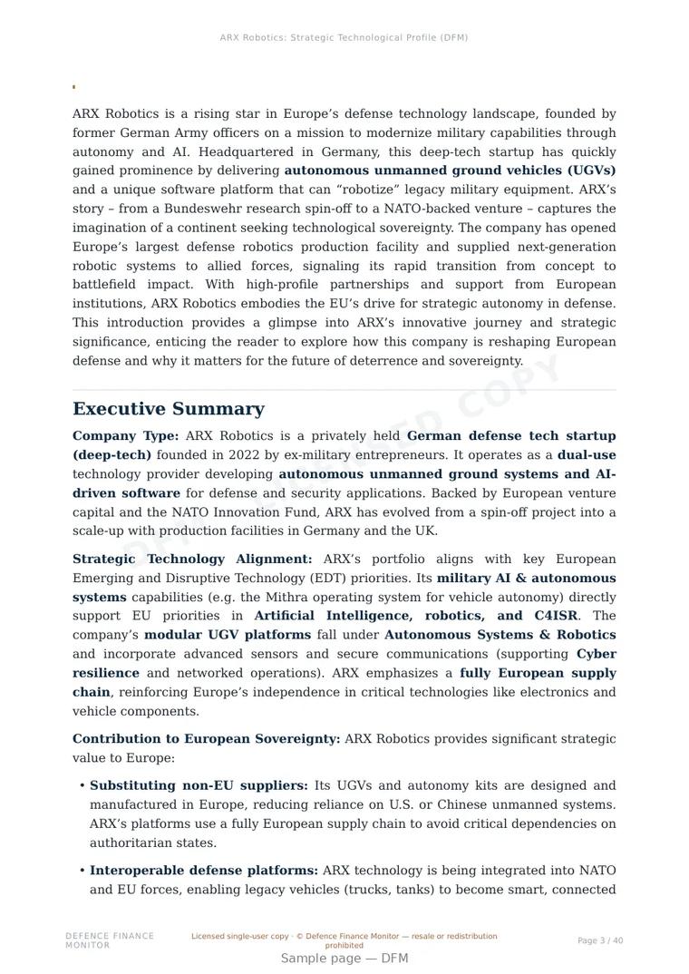 Sample page from “ARX Robotics: Strategic Technological Profile” — 41-page report