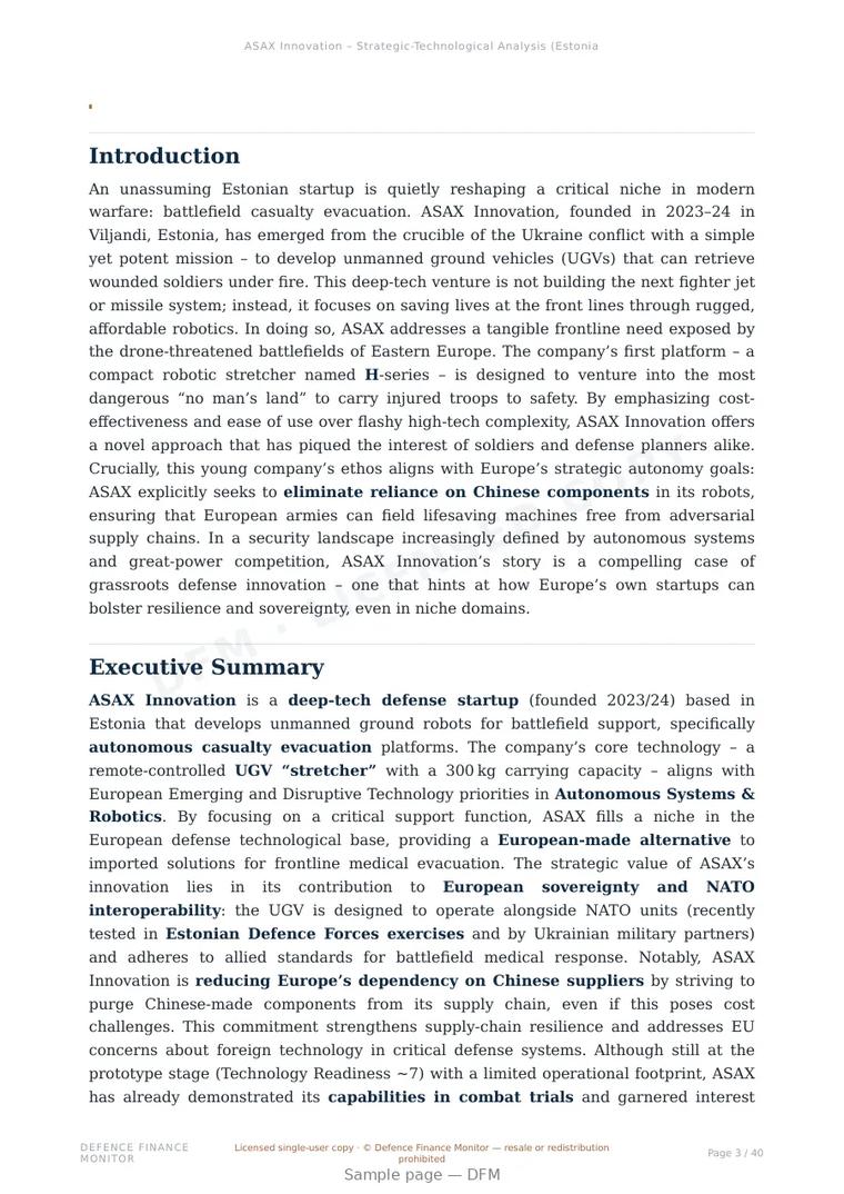 Sample page from “ASAX Innovation — Estonia defence company” — 41-page report