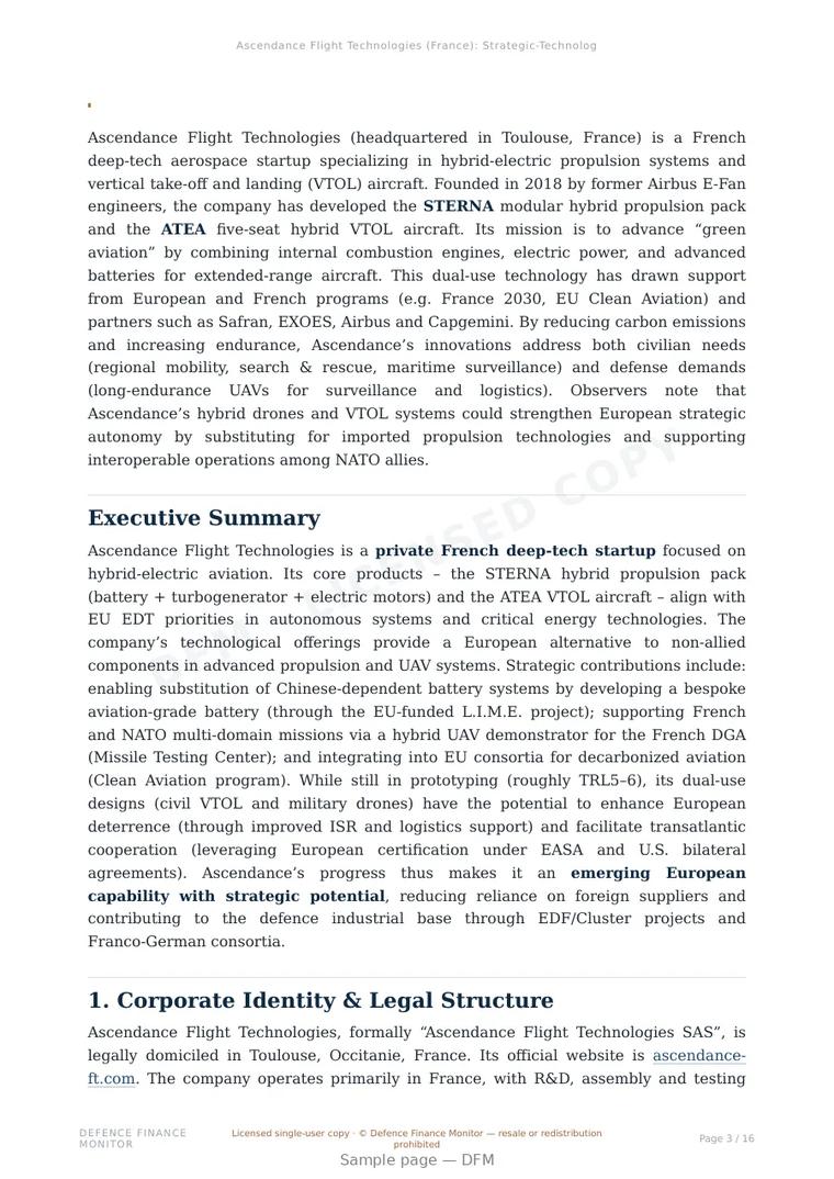 Sample page from “Ascendance Flight Technologies — France advanced propulsion company” — 17-page report