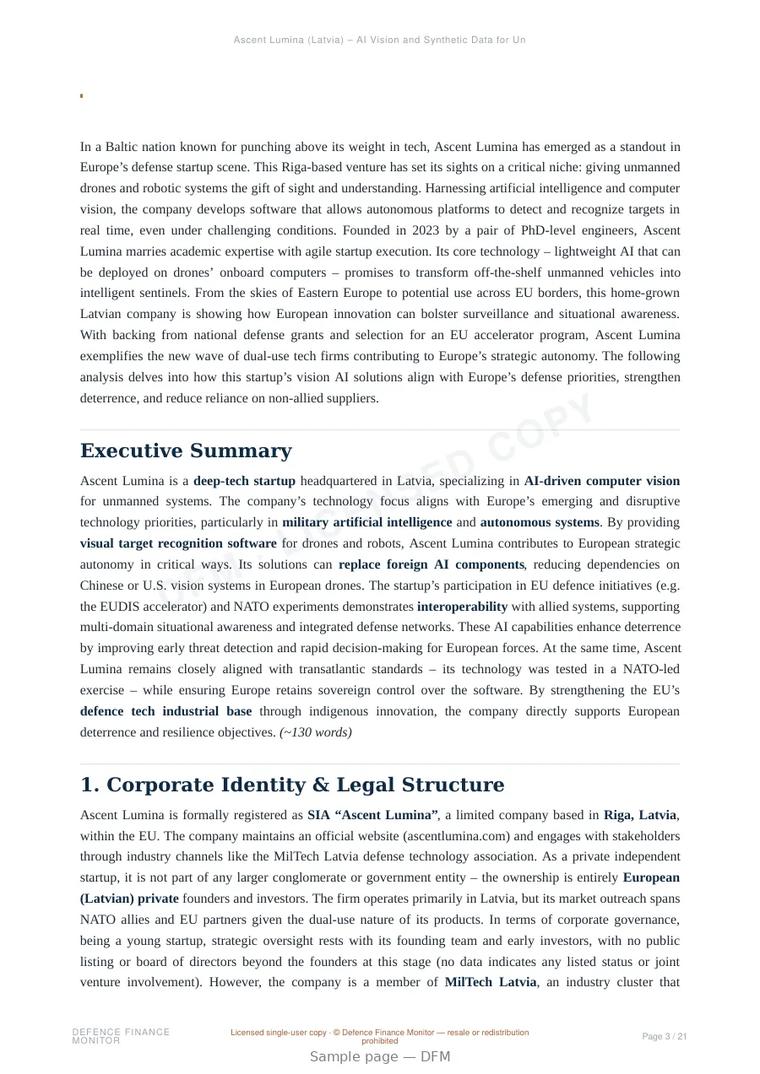 Sample page from “Ascent Lumina (Latvia) – AI Vision and Synthetic Data for Unmanned Systems” — 22-page report