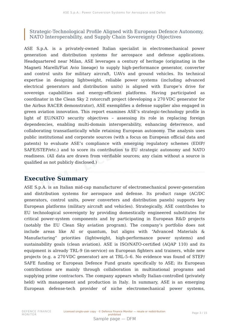 Sample page from “ASE S.p.A.: Power Conversion Systems for Aerospace and Defence Platforms” — 16-page report