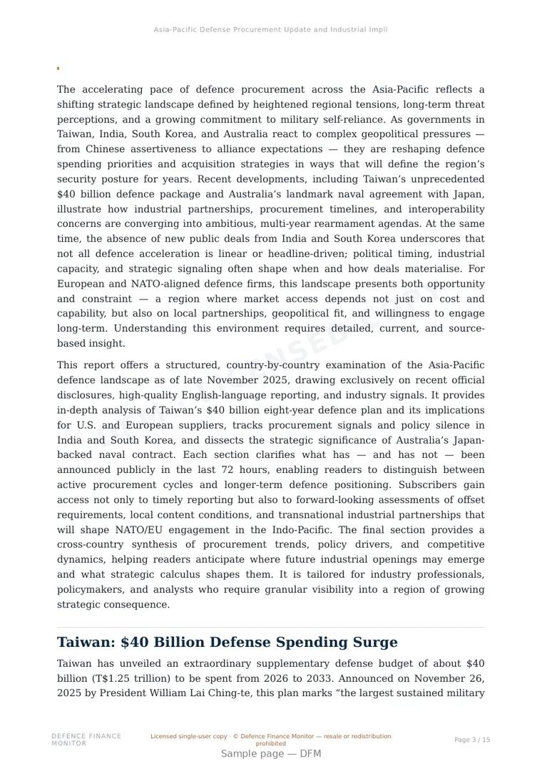 Sample page from “Asia-Pacific Defense Procurement Update and Industrial Implications” — 16-page report