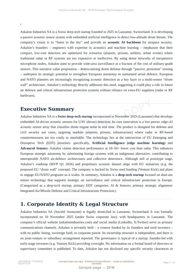 Sample page from “Askalon Industries SA — Switzerland advanced sensors company” — 13-page report