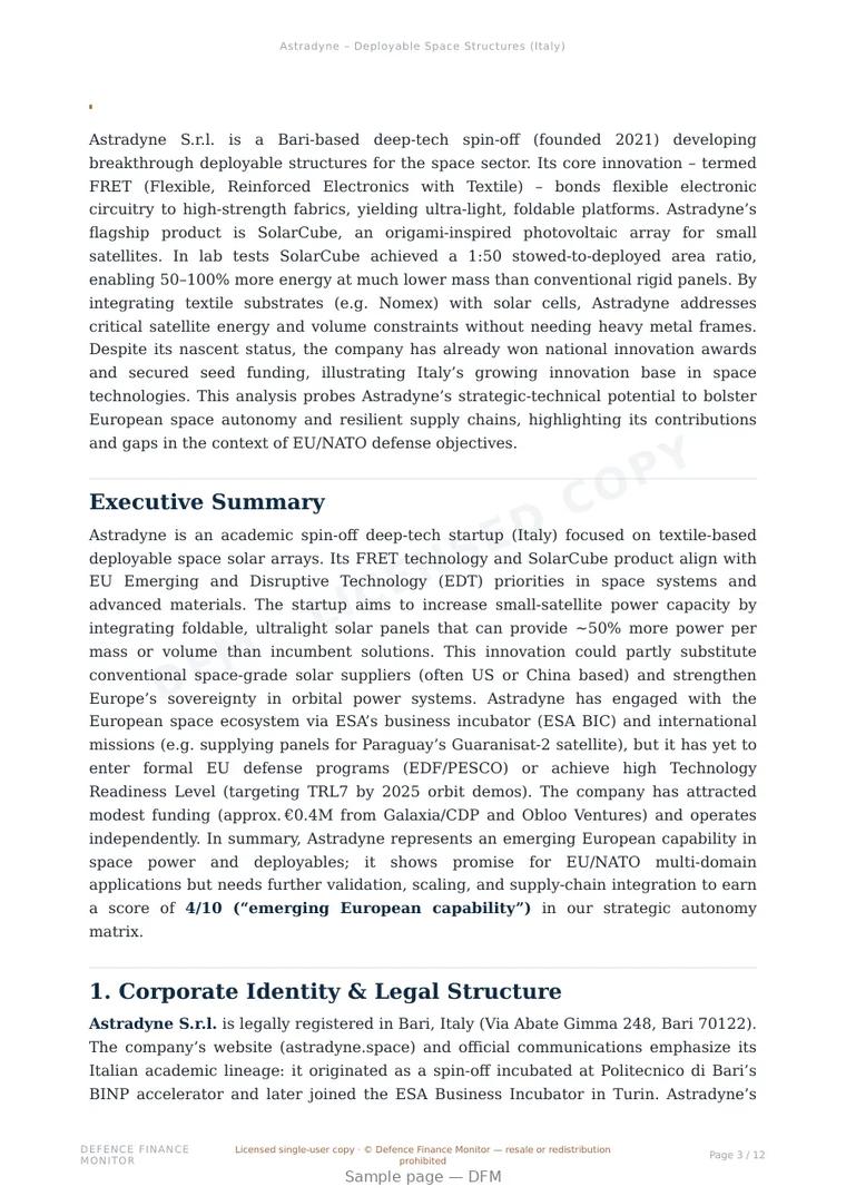 Sample page from “Astradyne – Deployable Space Structures (Italy)” — 13-page report