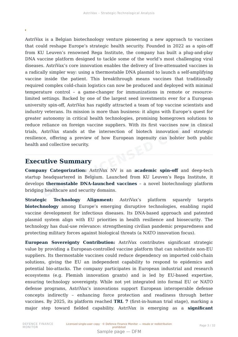 Sample page from “AstriVax — Belgium military medical tech company” — 33-page report