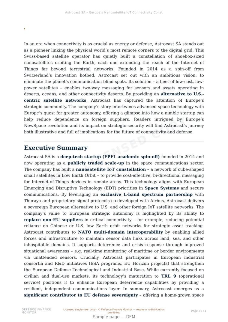 Sample page from “Astrocast SA – Europe’s Nanosatellite IoT Connectivity Constellation” — 42-page report