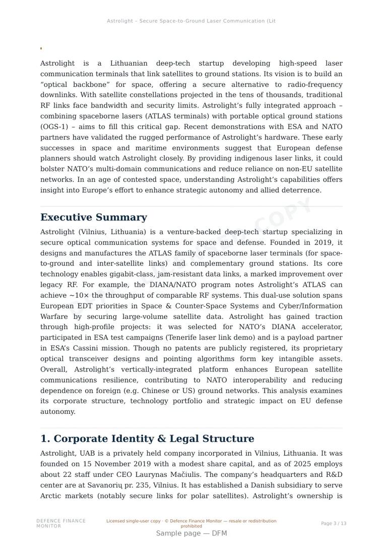 Sample page from “Astrolight – Secure Space-to-Ground Laser Communication (Lithuania)” — 14-page report
