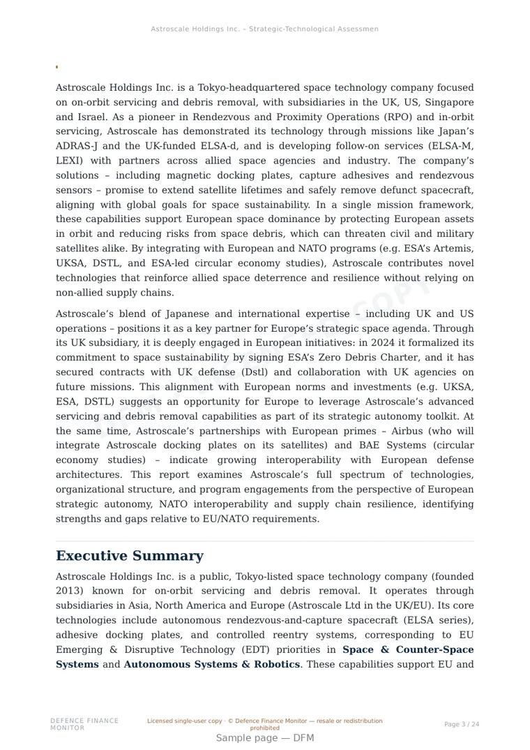Sample page from “Astroscale Holdings Inc. – Strategic-Technological Assessment” — 25-page report