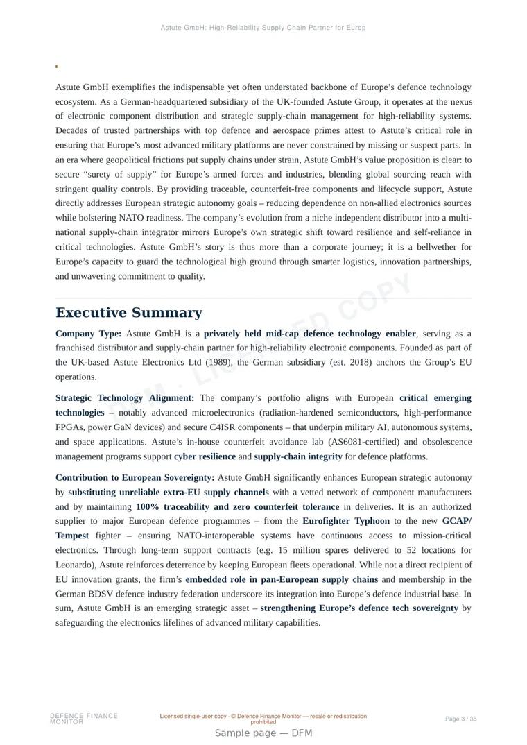 Sample page from “Astute GmbH: High-Reliability Supply Chain Partner for European Defence Autonomy” — 36-page report