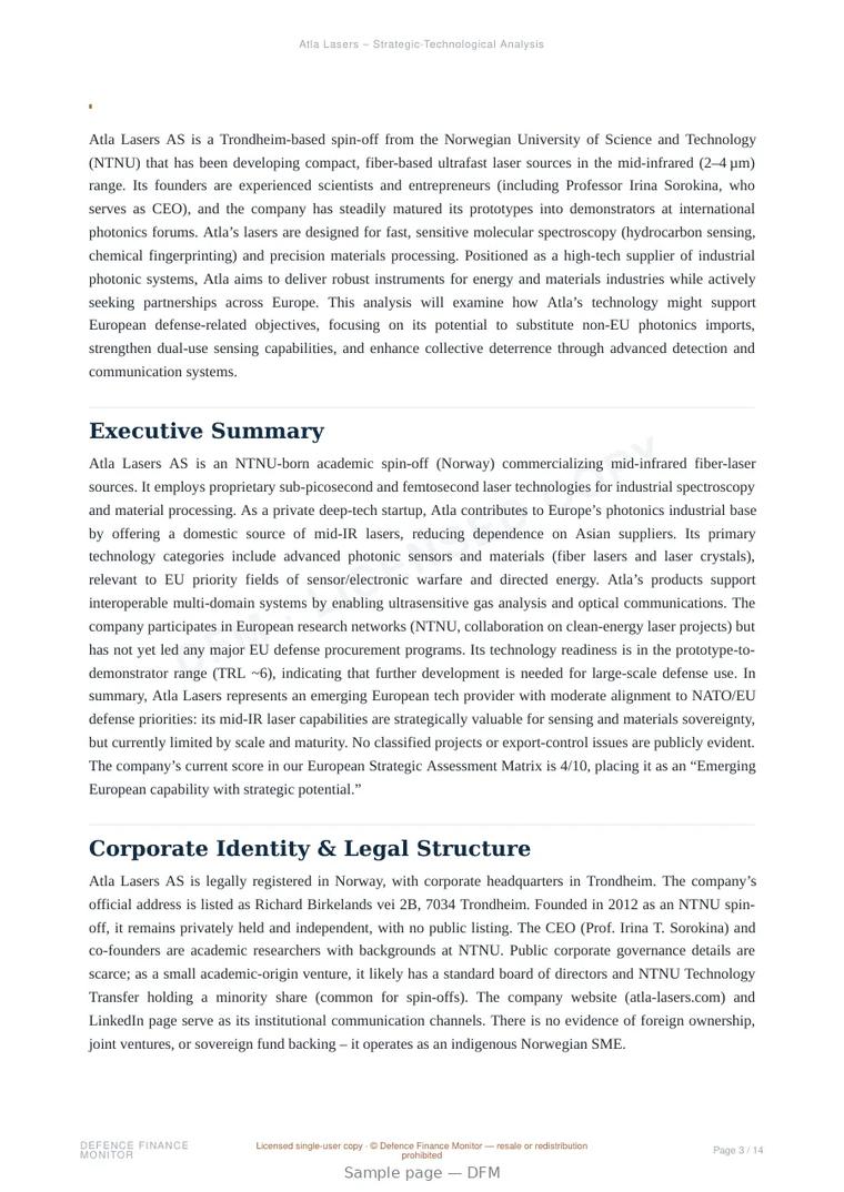 Sample page from “Atla Lasers AS — Norway electro-optical company” — 15-page report