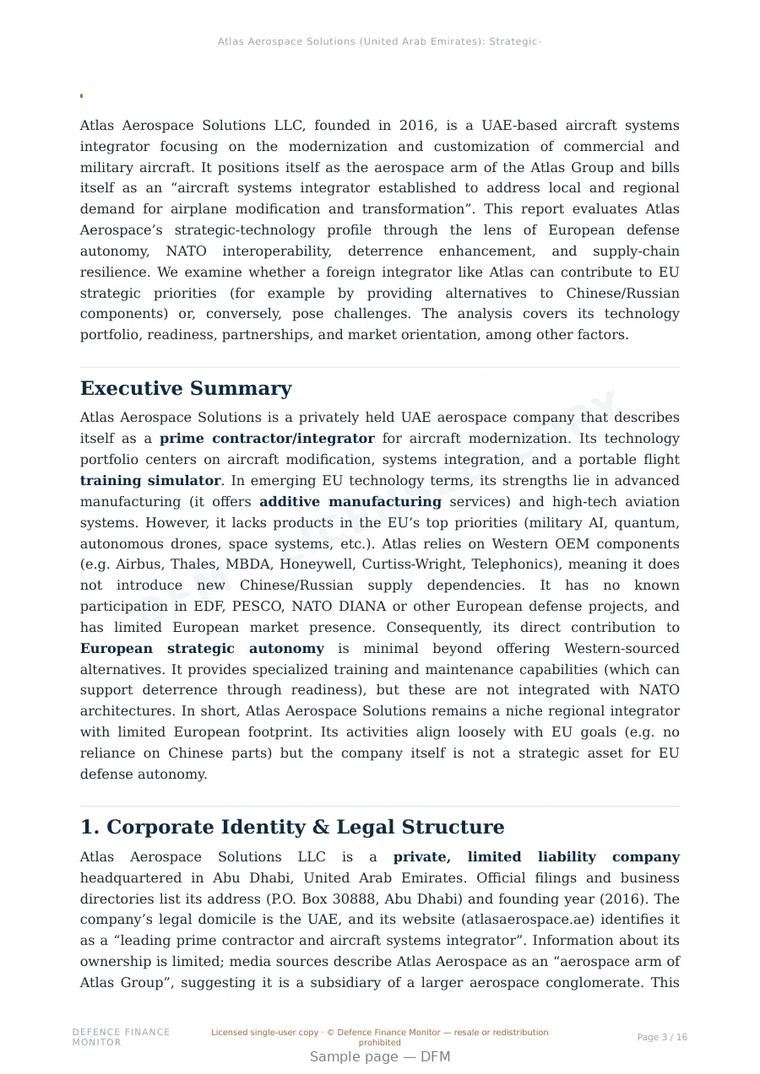 Sample page from “Atlas Aerospace Solutions LLC — United Arab Emirates air platforms company” — 17-page report