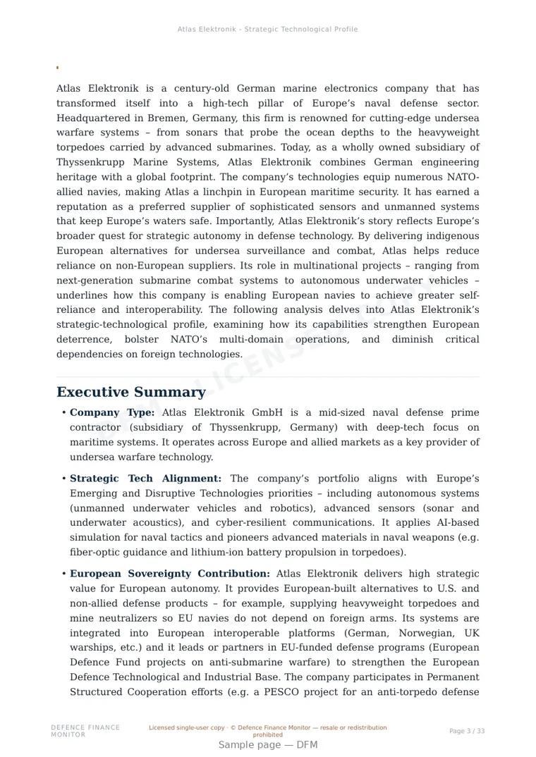 Sample page from “Atlas Elektronik - Strategic Technological Profile” — 34-page report