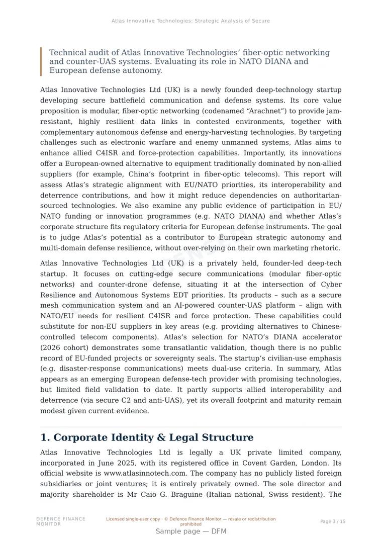 Sample page from “Atlas Innovative Technologies: Strategic Analysis of Secure Battlefield Networking” — 16-page report