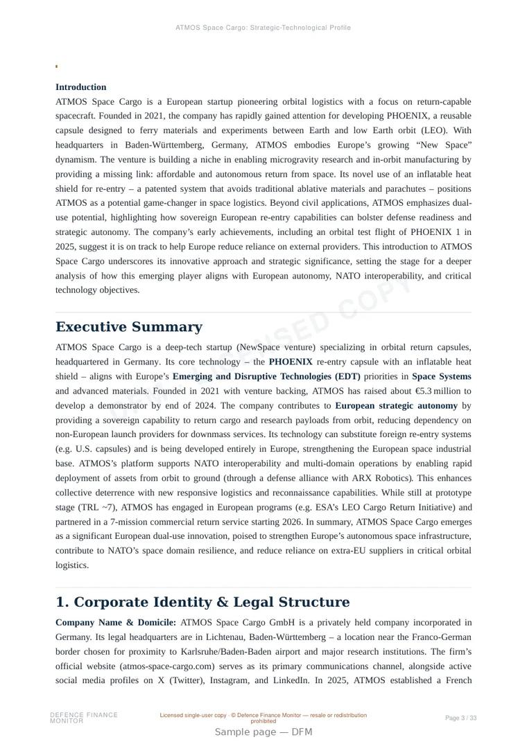 Sample page from “ATMOS Space Cargo: Strategic-Technological Profile” — 34-page report