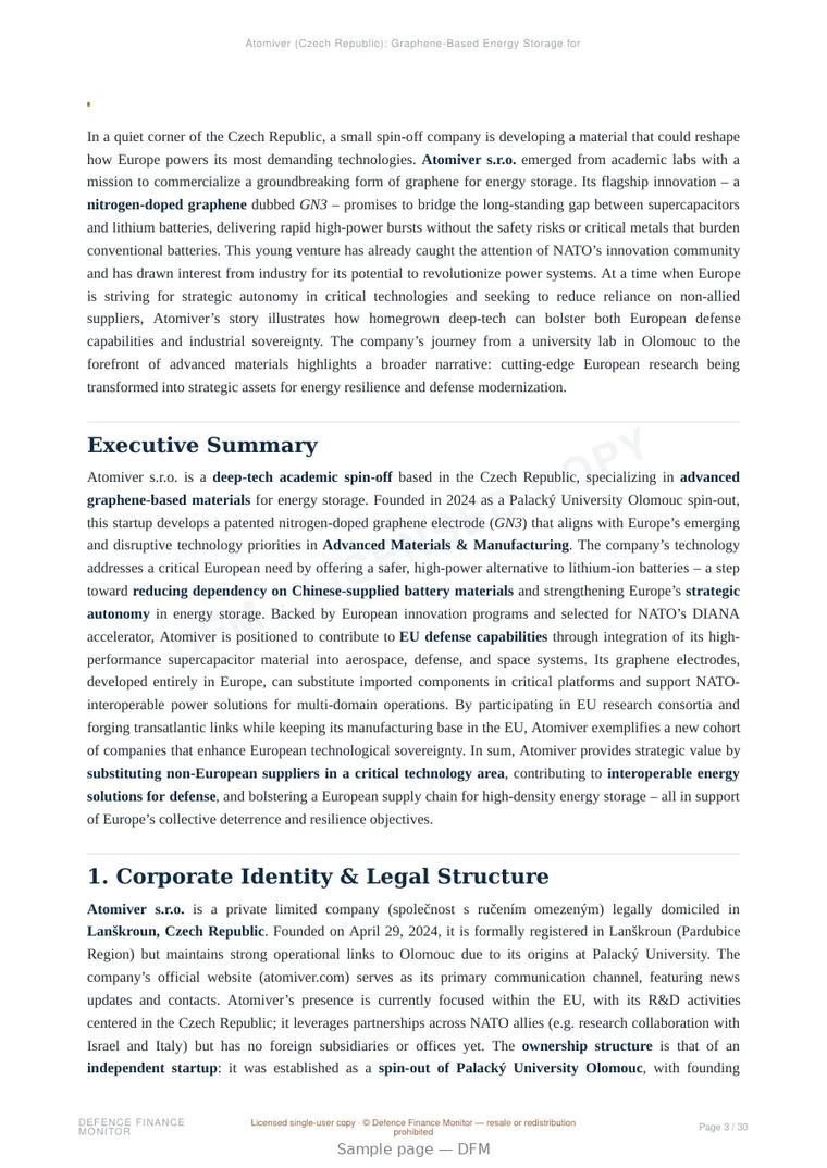 Sample page from “Atomiver (Czech Republic): Graphene-Based Energy Storage for European Defense Autonomy” — 31-page report
