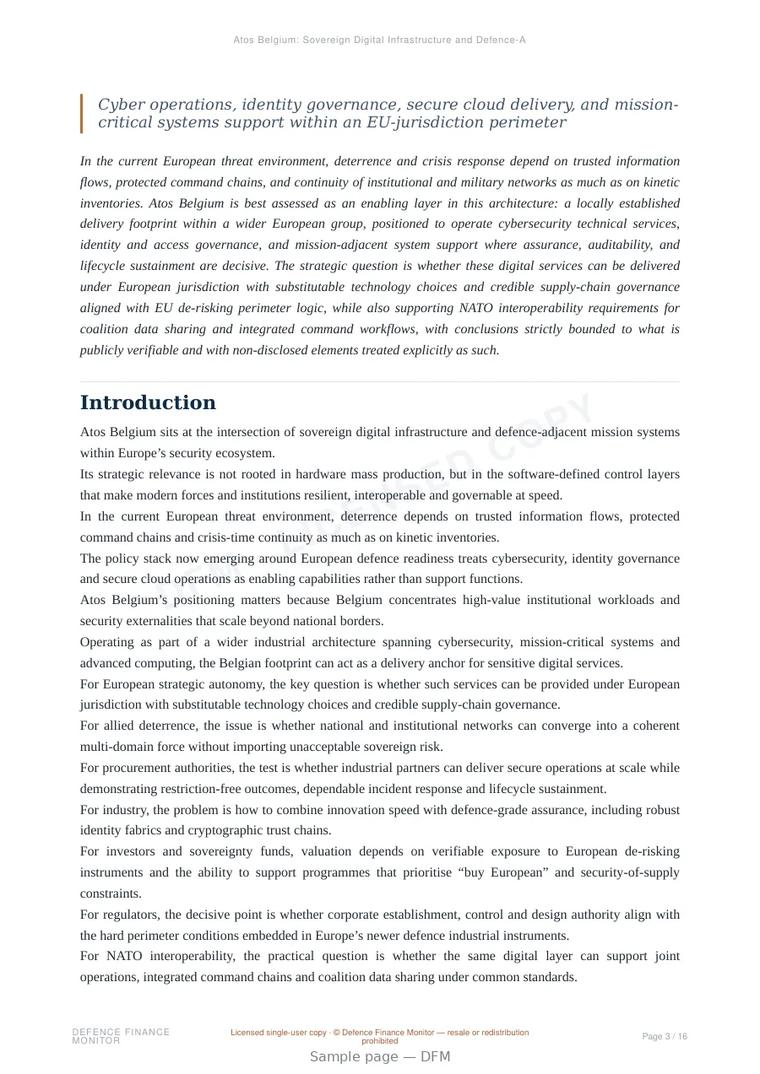 Sample page from “Atos Belgium: Sovereign Digital Infrastructure and Defence-Adjacent Mission Systems as Enablers of European Readiness and NATO-Grade Interoperability” — 17-page report
