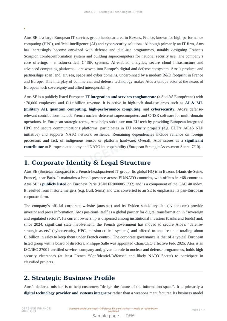 Sample page from “Atos SE – Strategic-Technological Profile” — 15-page report