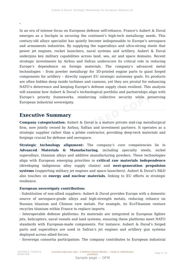Sample page from “Aubert & Duval: Strategic Metallurgy for European Defense and Aerospace” — 32-page report