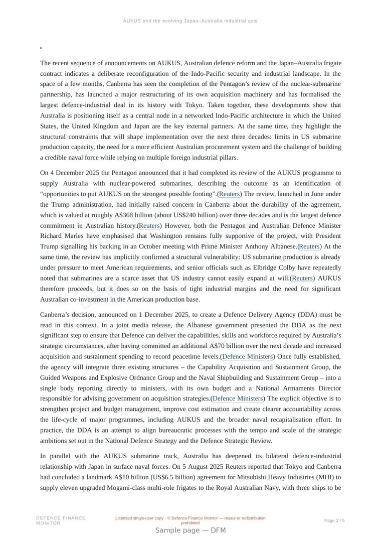 Sample page from “AUKUS and the evolving Japan–Australia industrial axis” — 6-page report