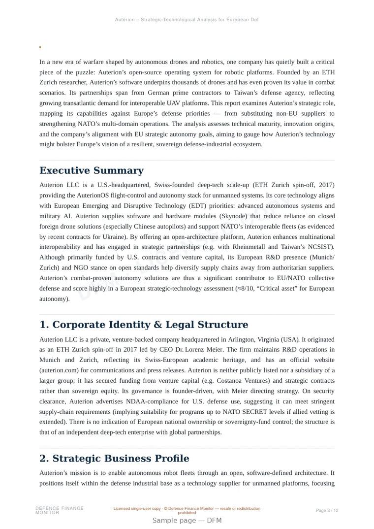 Sample page from “Auterion — Switzerland defence company” — 13-page report