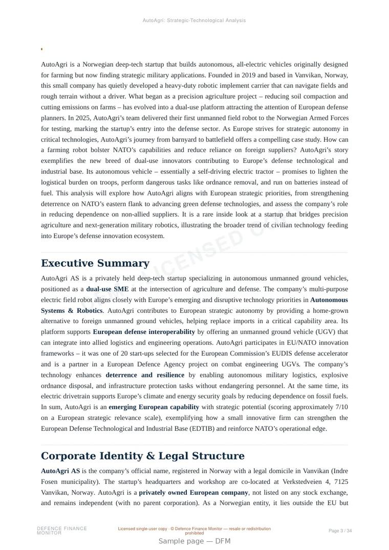 Sample page from “AutoAgri — Norway unmanned ground systems company” — 35-page report