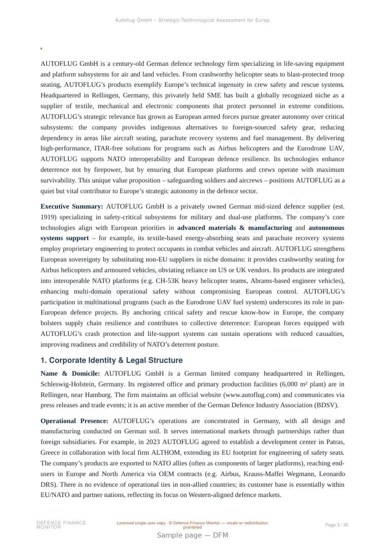 Sample page from “Autoflug GmbH – Strategic-Technological Assessment for European Defence and Dual-Use Autonomy” — 36-page report