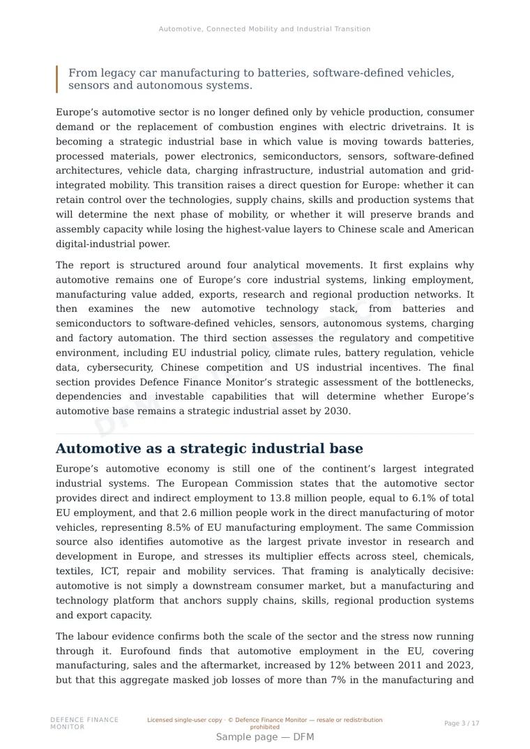 Sample page from “Automotive, Connected Mobility and Industrial Transition” — 18-page report