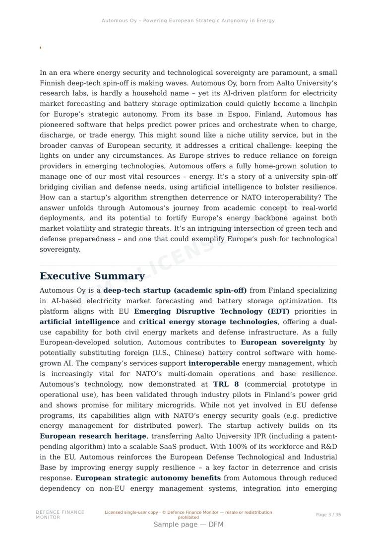Sample page from “Automous Oy – Powering European Strategic Autonomy in Energy Forecasting” — 36-page report