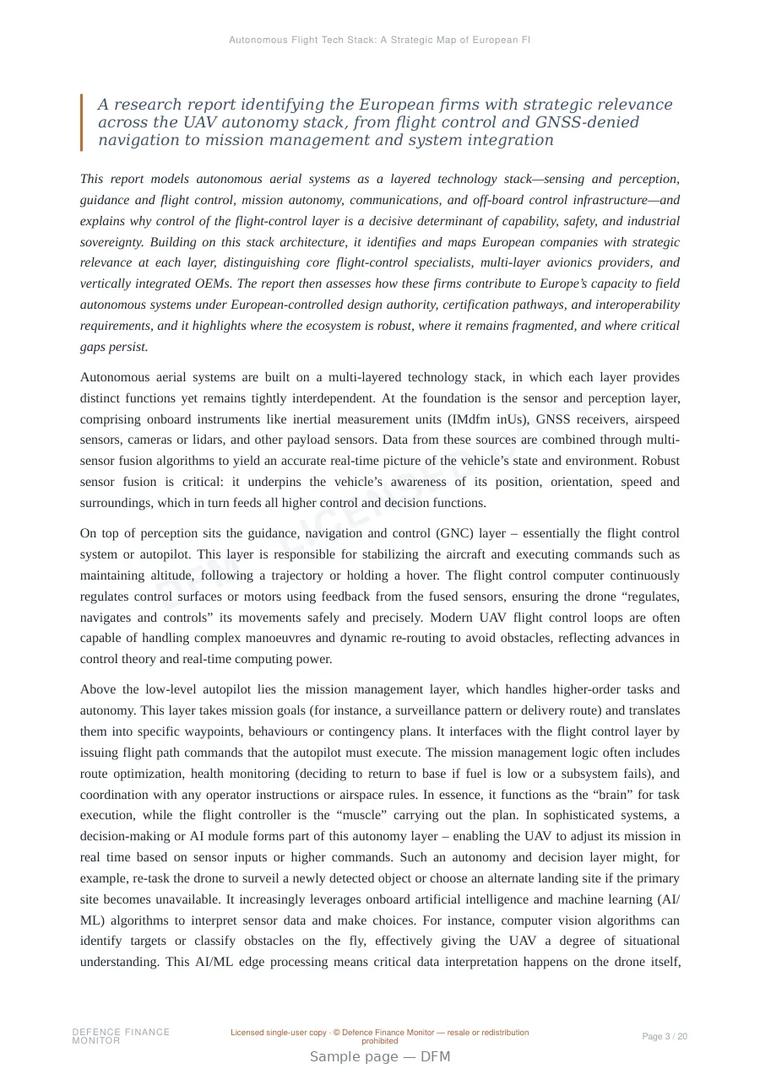 Sample page from “Autonomous Flight Tech Stack: A Strategic Map of European Flight-Control and Autonomy Companies” — 21-page report
